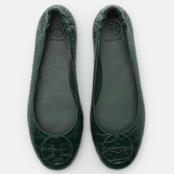 Tory Burch $248 Minnie Croc Embossed Green Verde Ballet Flats 9 - Picture 3 of 13